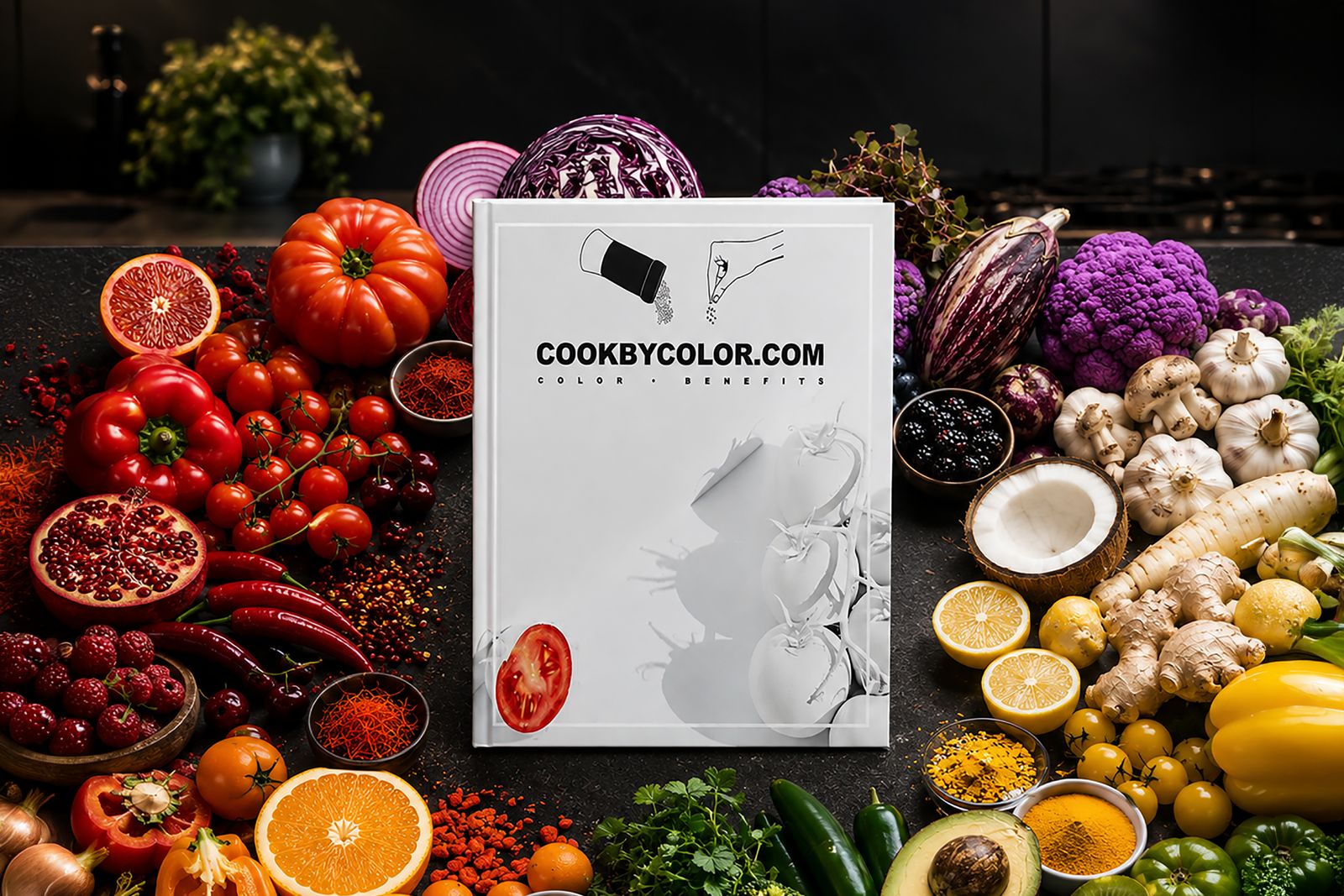 Rainbow of fresh foods on black slate for Cook by Color